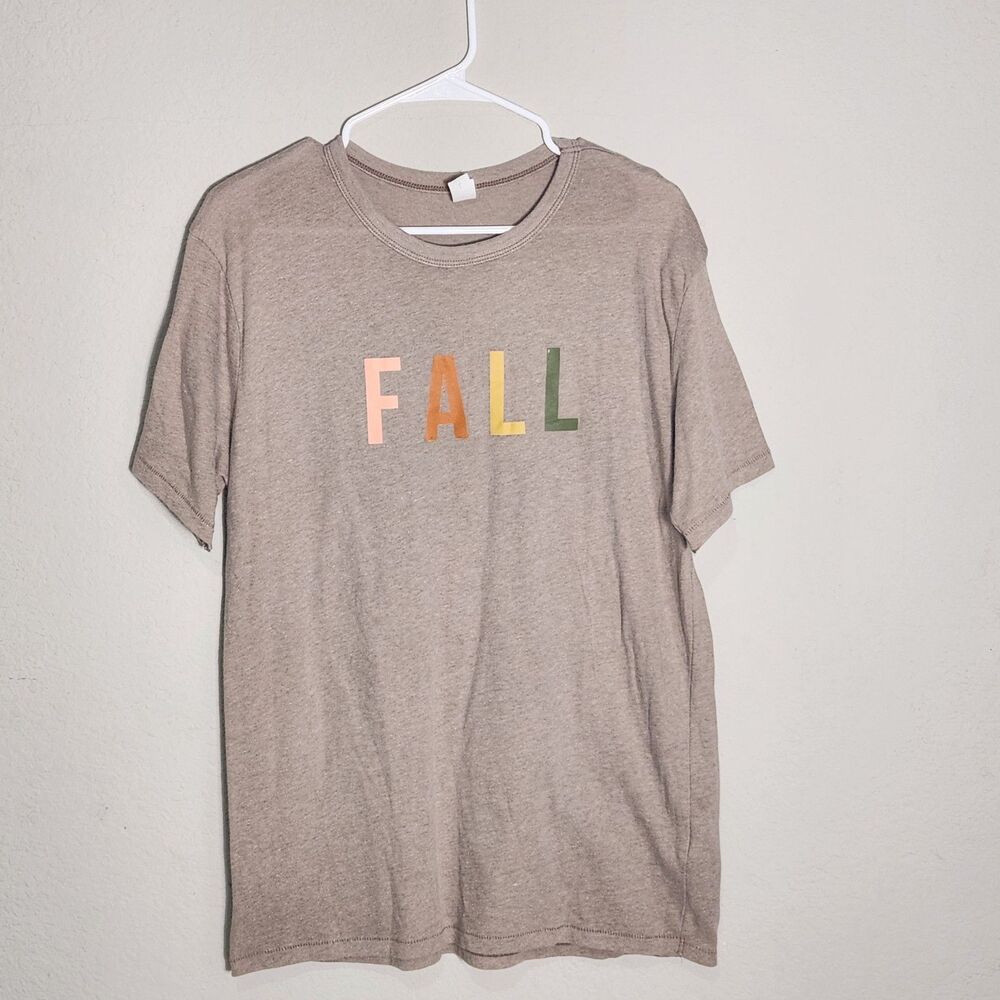 Alternative Women’s L FALL‎ Graphic Tee Beige Brown Crew Neck Short Sleeve Shirt